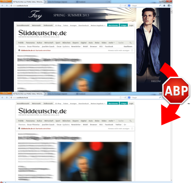 Die Startseite von sz.de mit (oberes Bild) und ohne Werbung