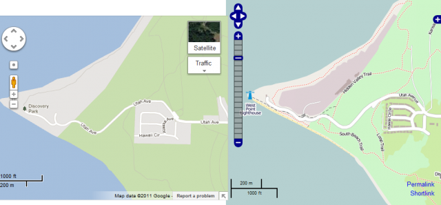 Karte des Discovery Park mit Google Maps (links) und OSM (rechts)
