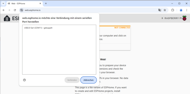 ESP8266 ESPHome Chrome Browser Gerät erkannt
